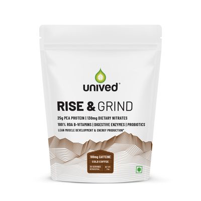 Unived Rise & Grind | Vegan Pea Protein for Athletes | 25g Pea Protein 140mg Nitrates, B-Vitamins, & Caffeine | Lean Muscle Development & Active Performance | 30 Servings