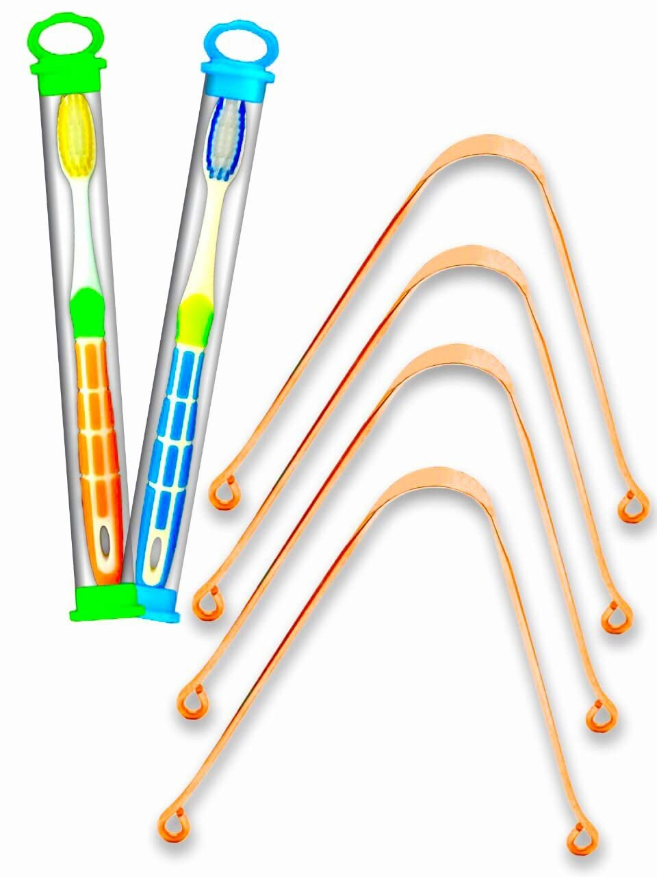 BigBro Copper Tongue Cleaner Scrapper Jibi 4pc and Extra Soft Toothbrush with Cover 2pc for Men and Women (Super Saver Pack of 6)