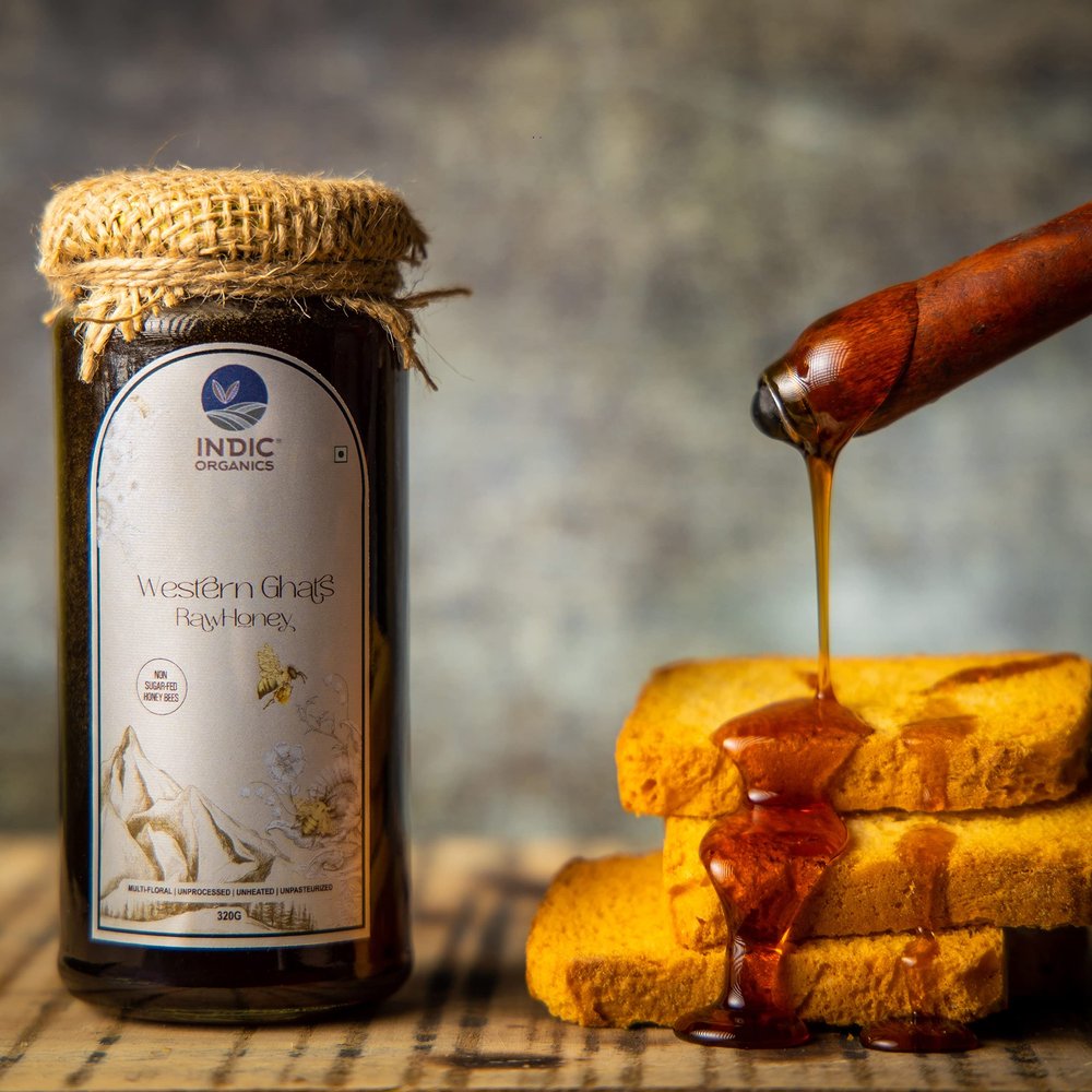 Indic Organics Western Ghats Raw NMR Tested Honey | Unprocessed, Unheated & Unpasteurized | NMR Tested at IISc, Bangalore (Wild Forest, 320 Gm)