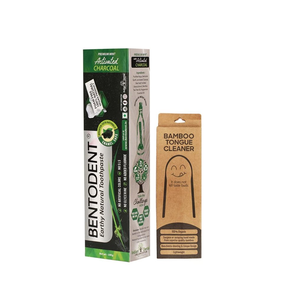 Bentodent Natural Herbal Activated Charcoal Whitening Toothpaste, Oral Care ToothPaste and Bamboo Tongue Cleaner | SLS and Fluoride Free,Safe and Certified, Pack of 100 gm