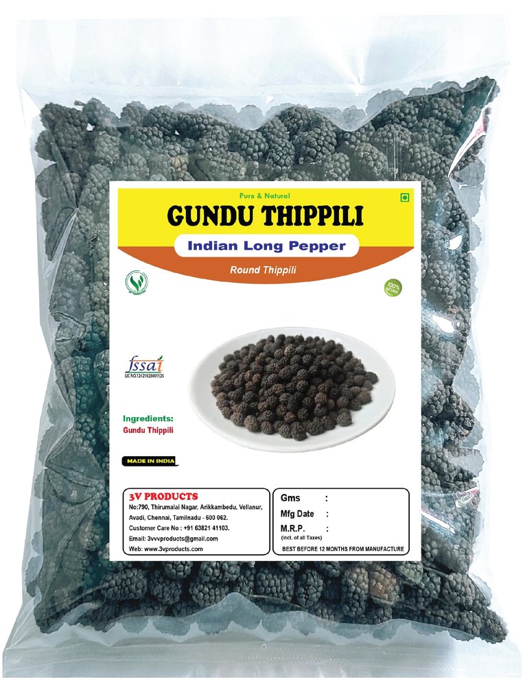 3V PRODUCTS Gundu Thippili 100g | Round Thippili | Urundai Thippili | Indian Long Pepper