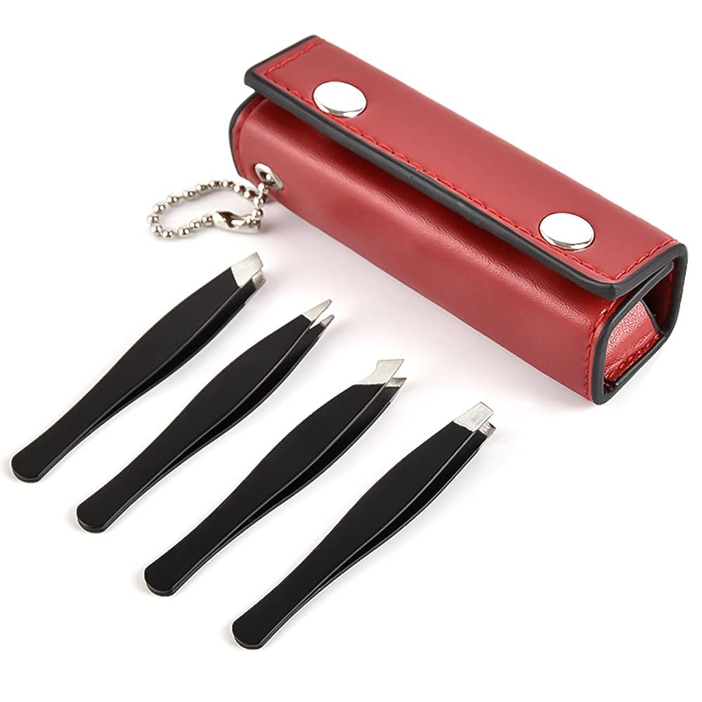 4Pcs Eyebrow Groo ng Trim ng Kit Ingrown Hair Removal Precision Stainless Steel Tweezers with Case for Eyebrows(Red)-POOWE