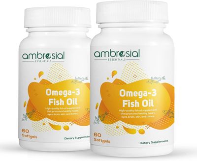 Ambrosial Omega 3 Fish Oil Capsules 1000mg Omega 3 capsule with 180 mg EPA & 120 mg DHA No Fishy Burps |Omega 3 Capsules for Men & Women to Support Healthy Heart Brain & Bones ( Pack of 2-120 Softgels)