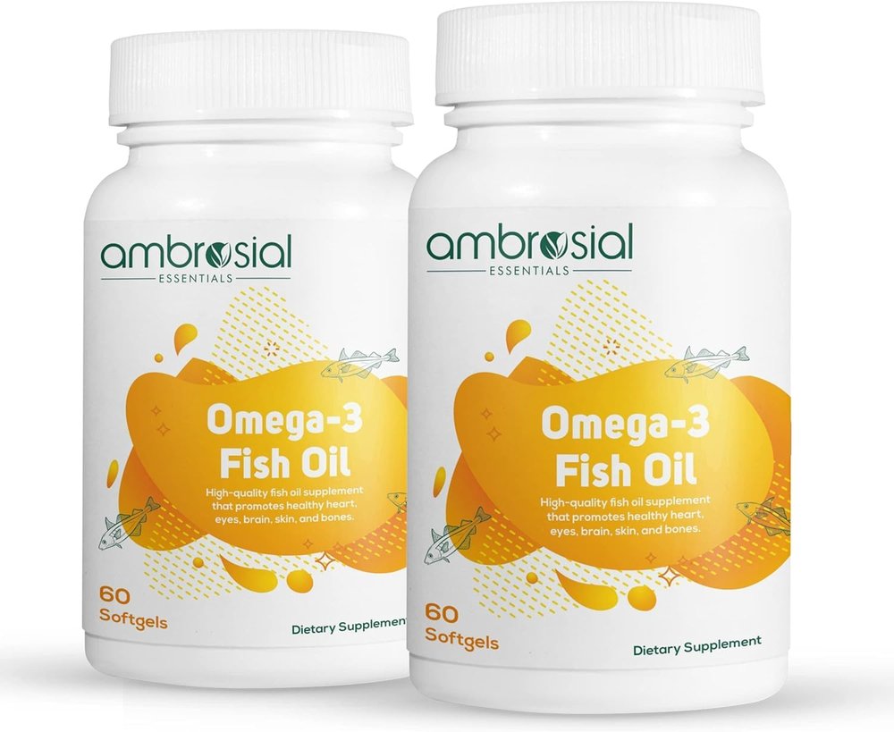 Ambrosial Omega 3 Fish Oil Capsules 1000mg Omega 3 capsule with 180 mg EPA & 120 mg DHA No Fishy Burps |Omega 3 Capsules for Men & Women to Support Healthy Heart Brain & Bones ( Pack of 2-120 Softgels)