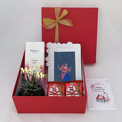 Angroos Wedding Gift Hamper By Angroos Gifts Boutique Includes Customised Frame,Succulent Plant With Pot, Wish Card, Mist,Kitkat & Decorated Gift Box