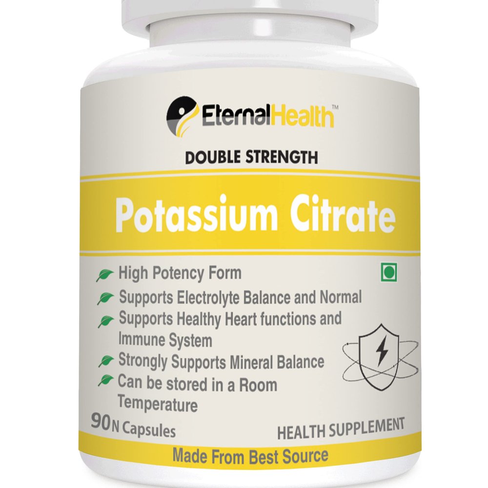EternalHealth Potassium Citrate (Double Strength) - Essential Electrolyte Supplement to Support Nerve and Muscle Function with High Potency Form - 90 Veg Capsules