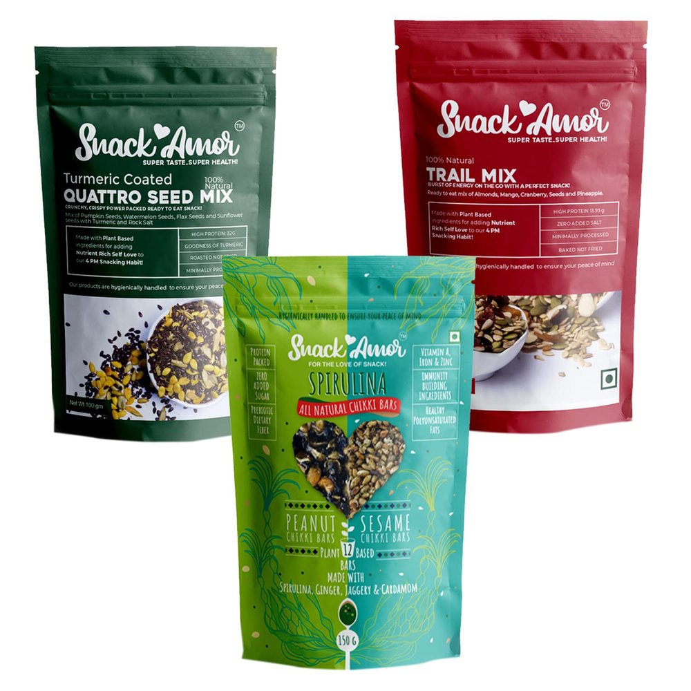 SnackAmor High Protein Snack, Fibre, Rich In Vitamins and Minerals, 100% Veg, For Energy, Fitness And Immunity, Quatro Seed Mix, Trail Mix And Spirulina Chikki Bars, (Pack of 3-350g)