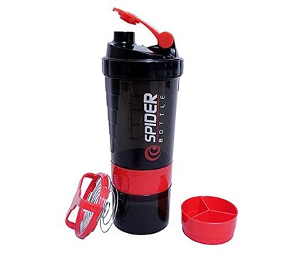 Bhatufit Spider Shaker Bottle with Extra Compartment, 100% Leakproof Protein Shaker Water Bottle 600 ml Sipper for Gym (Red and Black)