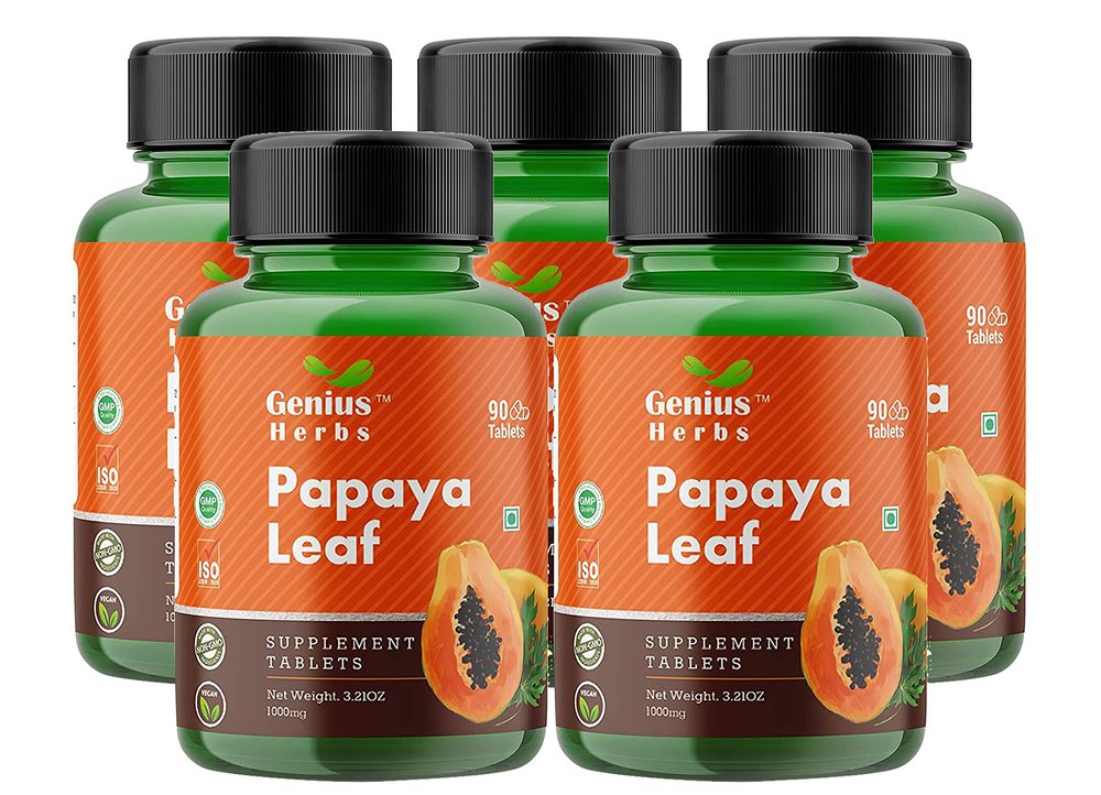 Genius Herbs Papaya Leaf Tablets 1000 mg Per Serving | Carica Papaya Leaf Tablets 500 mg 180 no.s| Boosts Immunity | Natural Detox | 45 Days Supply (Pack of 5)