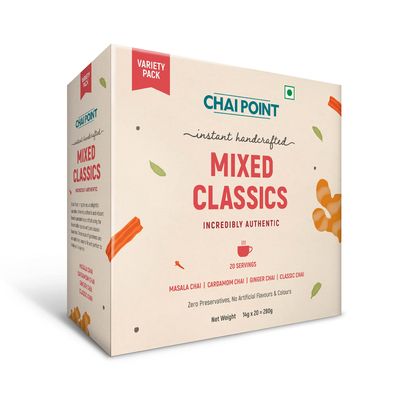 Chai Point Assam Mixed Instant Tea  20 Sachets (Ginger, Masala, Cardamom, Classic) | Instant Tea Premix | Authentic Flavored Chai