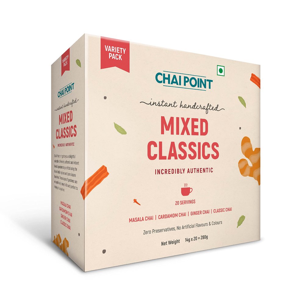 Chai Point Assam Mixed Instant Tea  20 Sachets (Ginger, Masala, Cardamom, Classic) | Instant Tea Premix | Authentic Flavored Chai