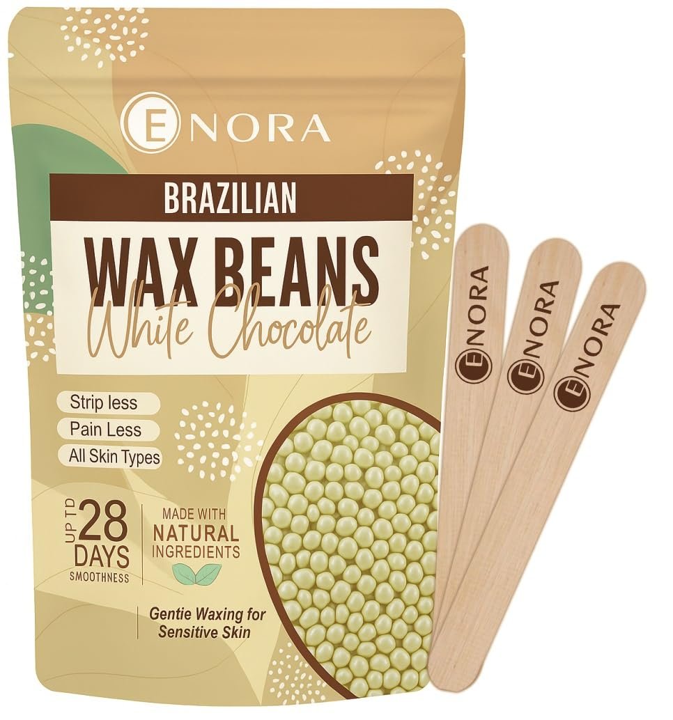 ENORA Brazilian Stripless Wax Beans for Women (150g) | With Wooden Spatula | Natural | For Face, Chin, Hairline, Bikini Area & Full Body Hair Removal (150 Gram, White Chocolate)