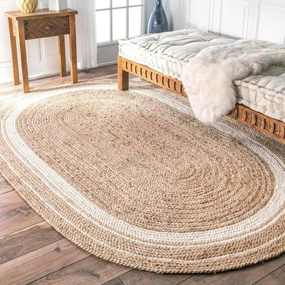 2 GUDD RUGS Handwoven Jute Natural Fibres Oval Braided Reversible Rug for Bedroom Living/Dining Room (White, Brown (4 x 6)