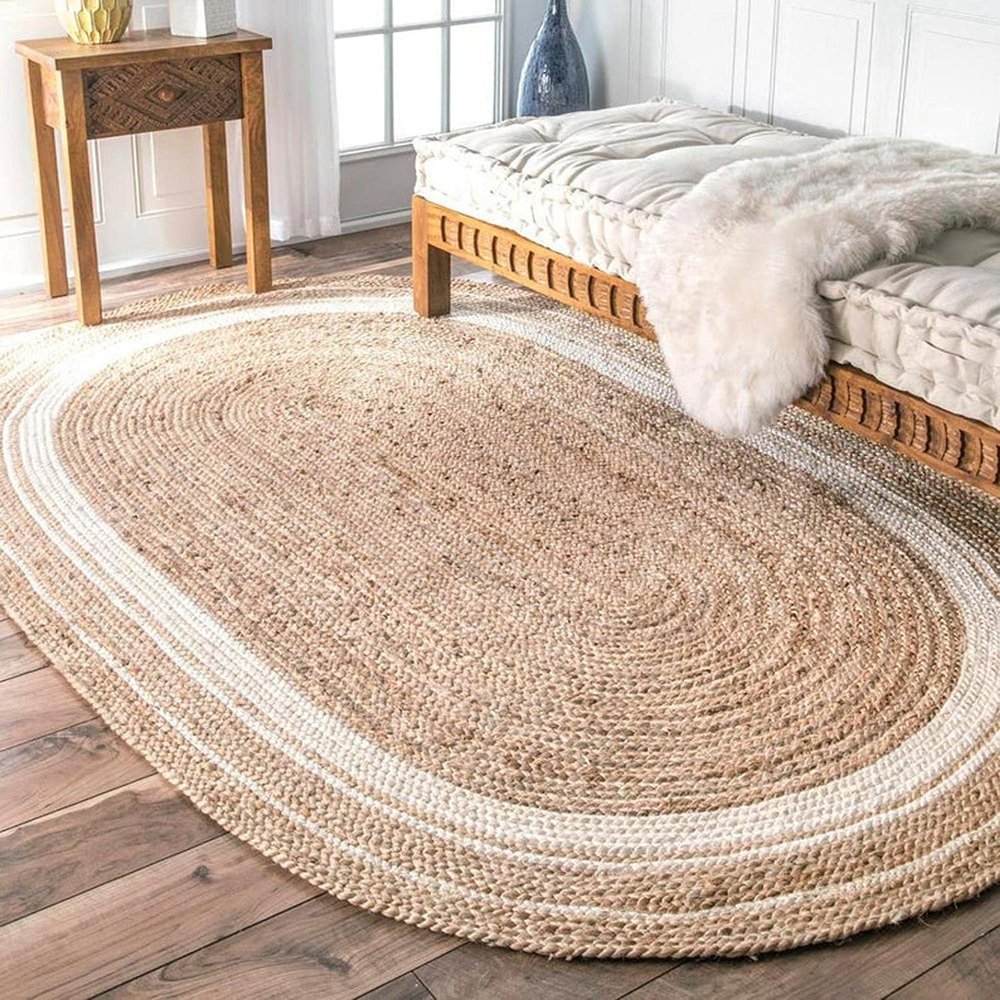2 GUDD RUGS Handwoven Jute Natural Fibres Oval Braided Reversible Rug for Bedroom Living/Dining Room (White, Brown (4 x 6)