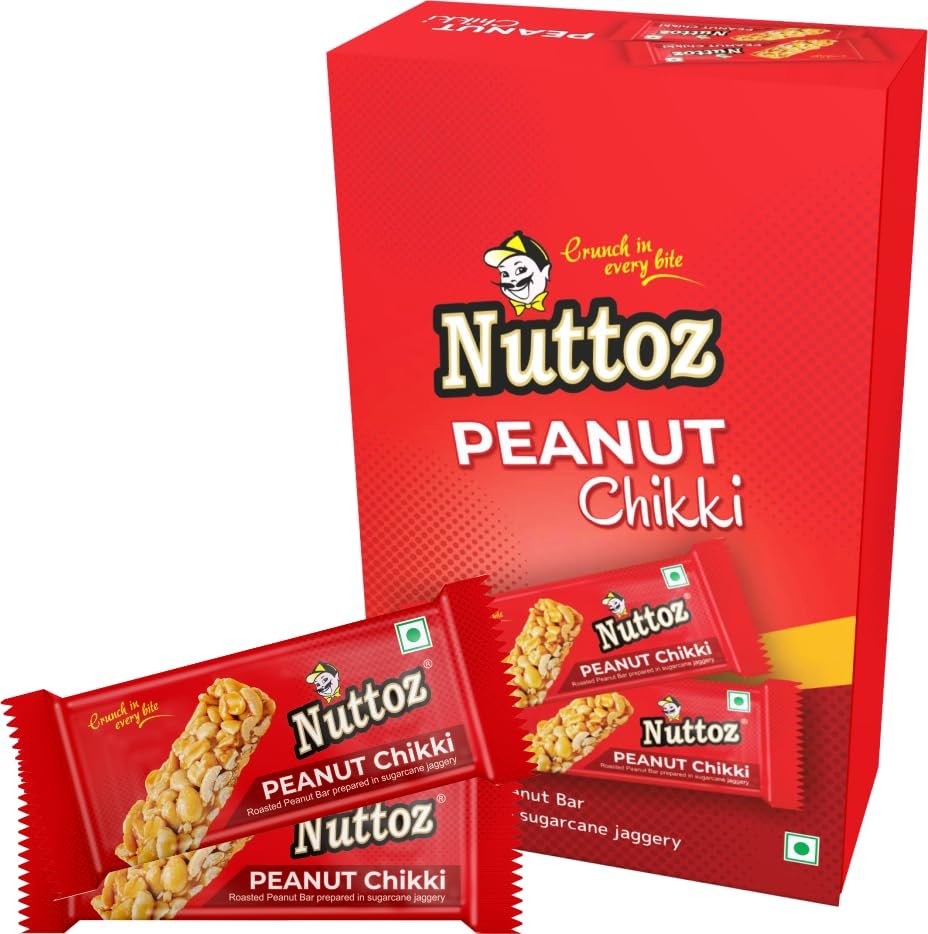 Nuttoz Peanut Chikki Bar - Authentic Gajak Peanut Chikki Jaggery - Nutritious Energy Bar (20 Bars, 30 Gm Each)