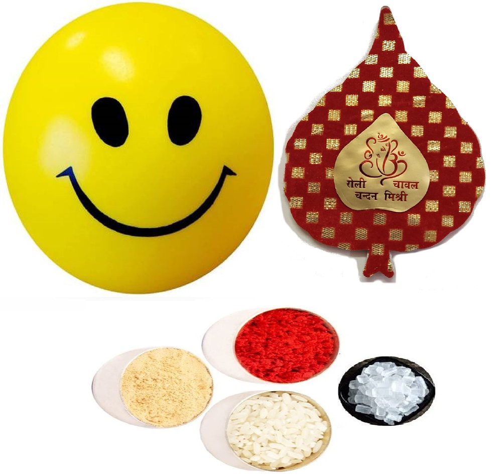 Kids Bhai Dooj Tikka Gift Toy with Smiley Soft Baby Ball, Roli Chawal Chandan Tikka Packet, Personal Message for Little Bhaiya Brother
