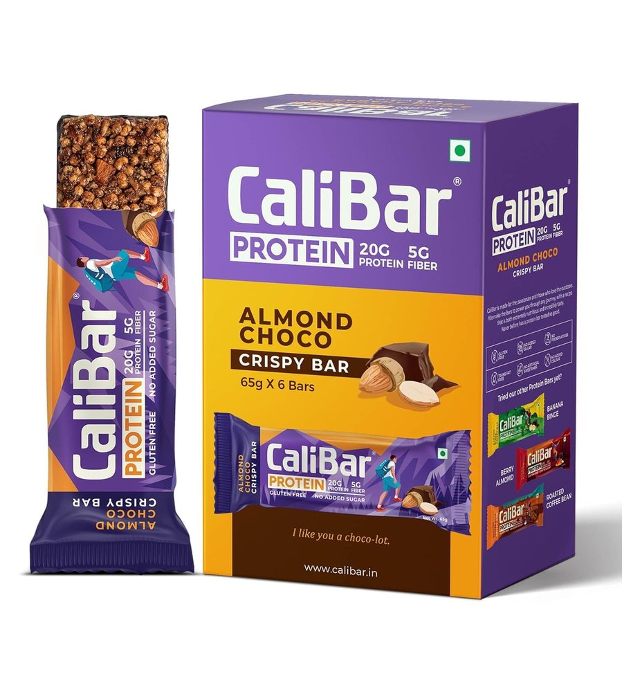 CaliBar 20 Gram Protein Bar - Almond Choco Crispy Bar No Added Sugar, Gluten-Free, 5 Gram Fiber, No Preservatives, Delicious Taste & 100% Veg Whey & Plant Based Protein (6 Bars)