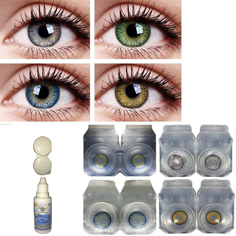 Color Style Combo Pack of 4 Pairs of Monthly Color Contact Lenses (Green,Grey,Blue & Hazel) (Zero Power/Lenses Only) With Case & Solution