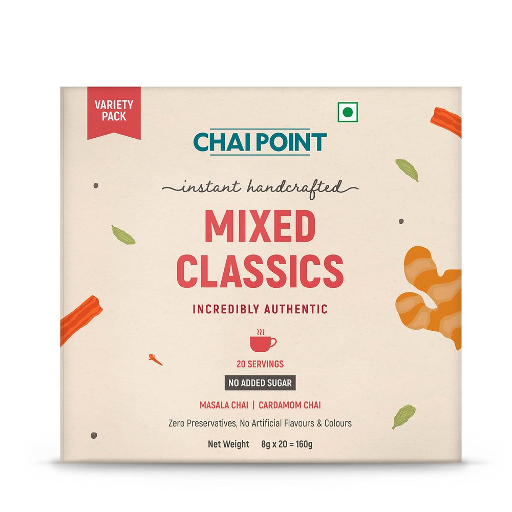 Chai Point Mixed Instant Tea (Masala & Cardamom) No Sugar | 20 Sachets | Assam Tea Premix | Instant Flavoured Chai | Authentic Masala Elaichi Mix