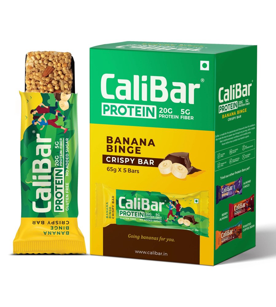 CaliBar 20g Protein Bar - Banana Binge Crispy Bar (Pack of 5) No Added Sugar, GlutenFree, 5g Fiber, No Preservatives, Delicious Taste, Whey & Plant Protein, Fitness & Immunity (65g x 5 Bars)