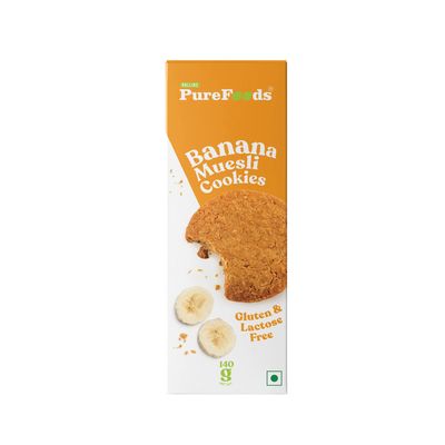 PureFoods Cookies | 100% Natural & Healthy | Gluten Free (Pack Of 1, 140G, Banana Muesli)