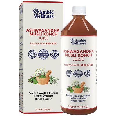 Ambic Wellness Ayurvedic Ashwagandha Leaf Juice - 750ml to Boosts Energy & Immunity, Natural Blend of Ashwagandha Shilajit Musli & Konch Beej Provides Strength & Stamina,