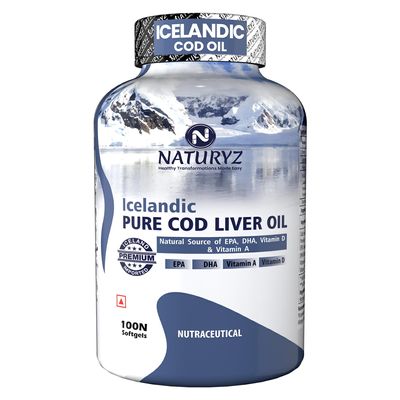 Naturyz Imported Icelandic COD Liver Oil Capsules with Natural Omega 3 (EPA & DHA), Rich in Vitamin D & A, Mercury Free, Immunity, Skin, Eye, Muscle & Joint Health Softgels, 100 Count, Pack of 1