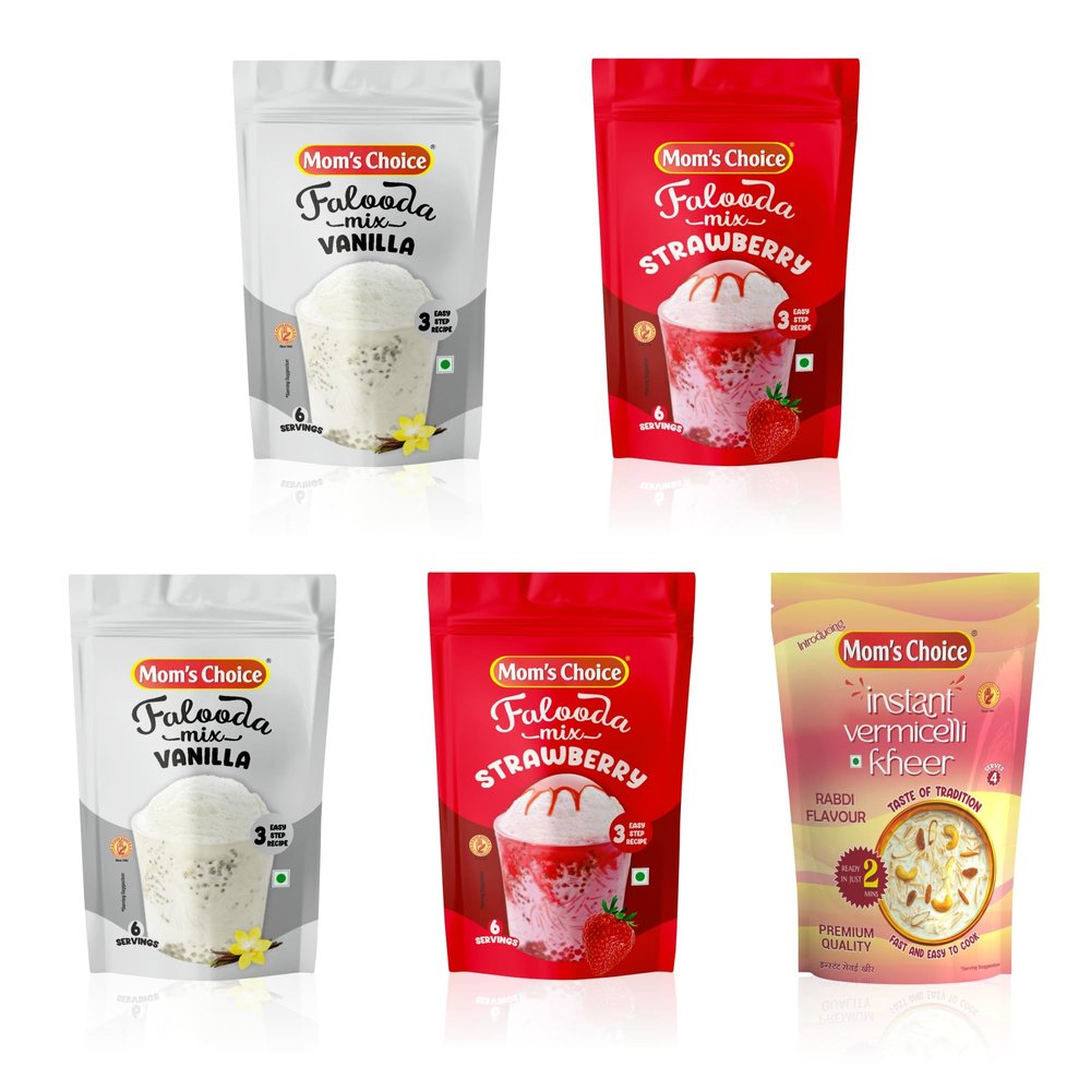 Mom's Choice Pack of 5 (Mix Falooda 2 pkt Vanilla & 2 Strawberry (Each 200gm) & Instant 1 pkt Rabdi Vermicelli Kheer - 85gm)