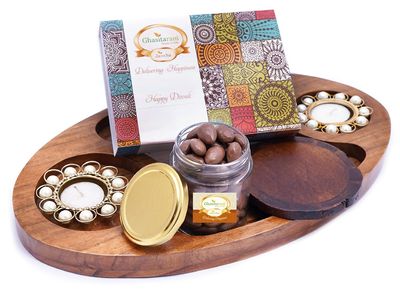 Ghasitaram Gifts Express Delivery Chip n Dip Wooden Tray with T-Lites,Coasters,Choco Almonds Jar & Assorted Bites Box|Sweets|Sweets Gift Pack|Diwali Sweets|Indian Mithai|Diwali Sweets Gift Box