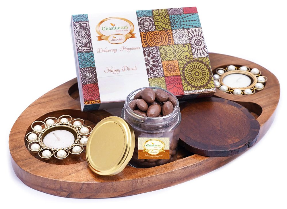 Ghasitaram Gifts Express Delivery Chip n Dip Wooden Tray with T-Lites,Coasters,Choco Almonds Jar & Assorted Bites Box|Sweets|Sweets Gift Pack|Diwali Sweets|Indian Mithai|Diwali Sweets Gift Box