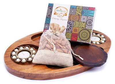 Ghasitaram Gifts Express Delivery Chip n Dip Wooden Tray with T-Lites,Coasters,Almonds,Assorted Bites Box|Sweets|Sweets Gift Pack|Diwali Sweets|Indian Mithai|Diwali Sweets Gift Box