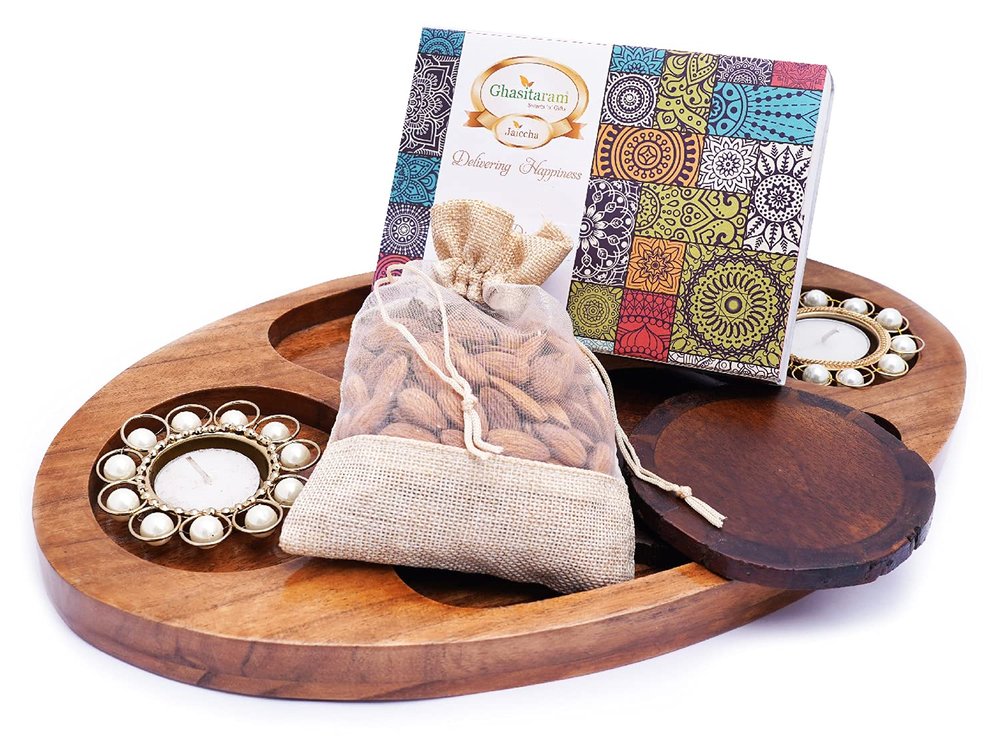 Ghasitaram Gifts Express Delivery Chip n Dip Wooden Tray with T-Lites,Coasters,Almonds,Assorted Bites Box|Sweets|Sweets Gift Pack|Diwali Sweets|Indian Mithai|Diwali Sweets Gift Box