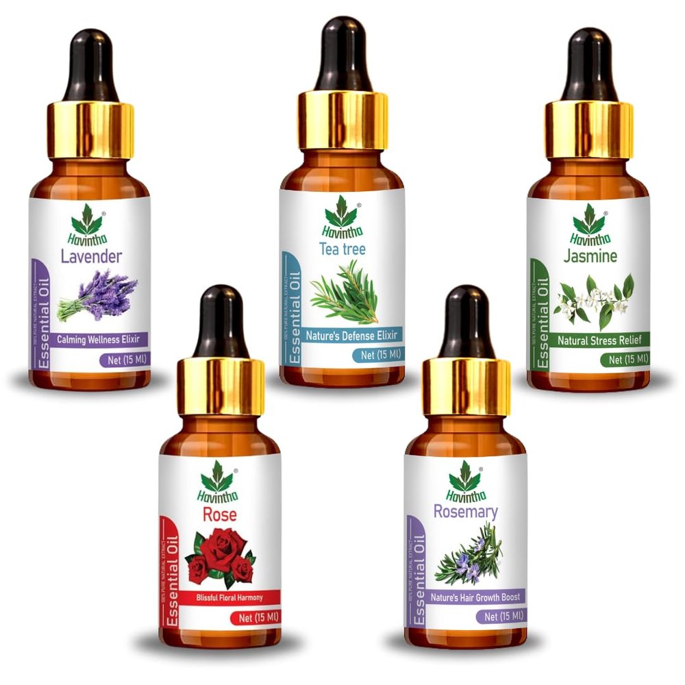 Havintha Natural Essential Oils - Lavender oil, Tea Tree oil, Rose oil, Jasmine oil, Rosemary oil (Pack of 5)
