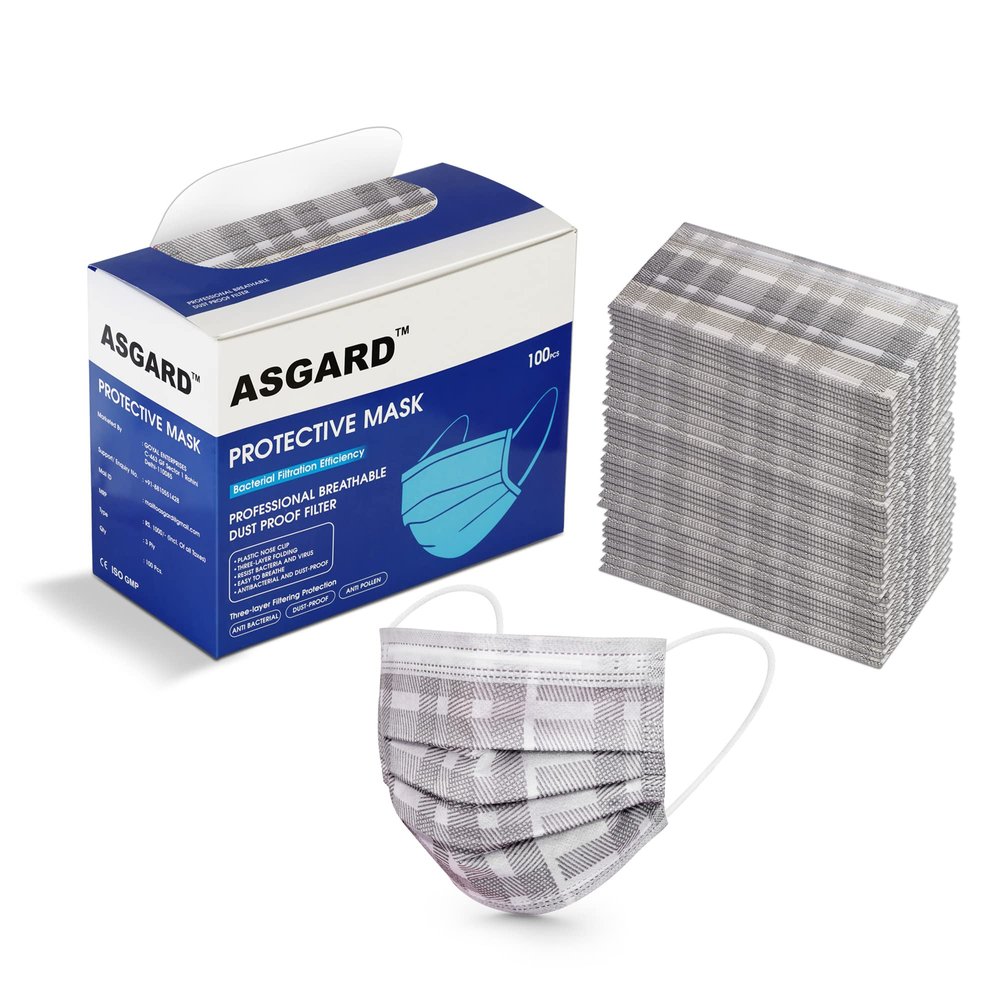 ASGARD Nonwoven Fabric Disposable Surgical Mask 3Ply for Unisex (Grey Check, Pack of 50)