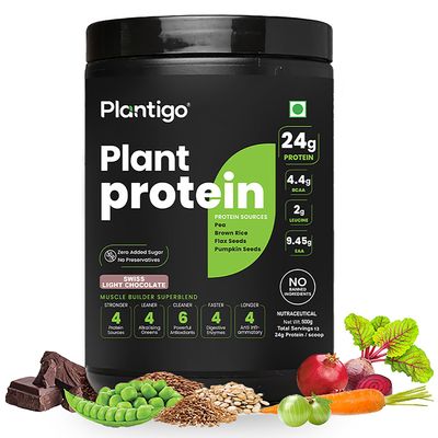 Plantigo Clean Protein Powder Men & Women | 24g Plant Protein, 4.4g BCAA, 2g Leucine, 4g Fiber | No Sugar, No Dairy, No Preservatives | 4x Fast Digest, Stress & Muscle Recovery | Swiss Chocolate 500g