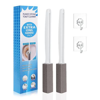 ALIWRSOTU Pumice Stone Cleaning Brush with Extra Long Handle, 2 Pack with 2 Hooks, Beige, Nylon Bristles, Polyurethane Foam Handle, Hard, For Toilet, Tile, Shower, Bathtub, Grout, Sink, Grill