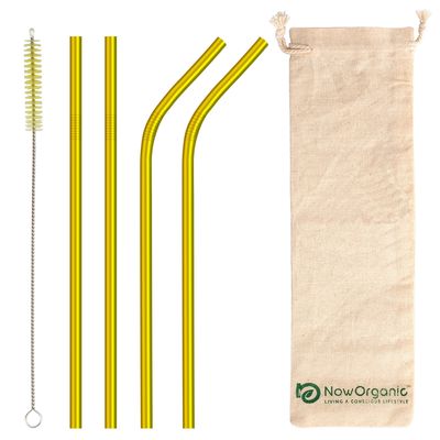 Now Organic Reusable Stainless Steel Drinking Straws Gold Colour Set (Bent and Straight) Including Straw Brush Cleaner and Free Muslin POTLI (Pack of 4) (Golden)