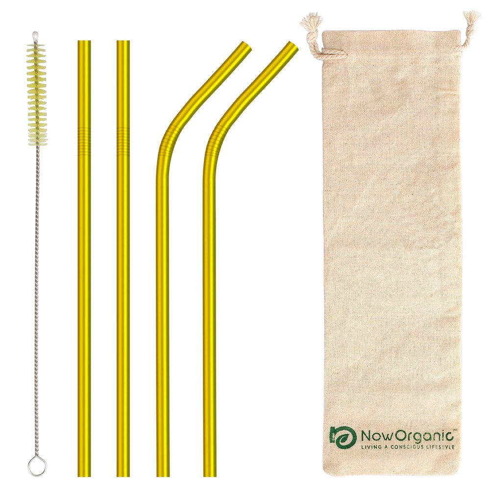 Now Organic Reusable Stainless Steel Drinking Straws Gold Colour Set (Bent and Straight) Including Straw Brush Cleaner and Free Muslin POTLI (Pack of 4) (Golden)