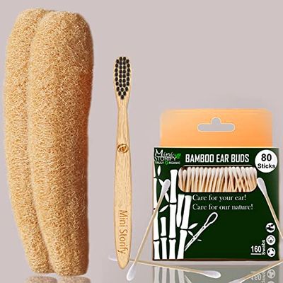 Mini Storify Truly Organic 1.Bamboo Cotton ear bud/swab|80 wood stem/160 Swab|1.Kids bamboo toothbrush - Charcoal Soft Bristles, Oral Cleaning,|2.Loufah/loofah Pads, Sponge Body scrubber (PACK OF 4)