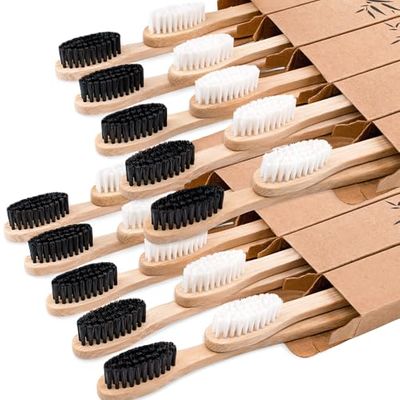 Bamboo Toothbrushes for Adults, Eco-Friendly Wooden Toothbrushes Set (Black White 20P)