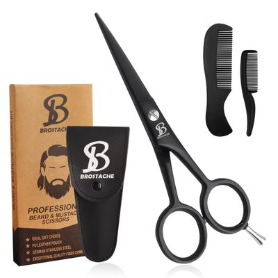 BROSTACHE German Beard and Mustache Stainless Steel Scissors 5" ,2 Combs,1 Leather Pouch Grooming Kit for Men,Facial hair scissors,Use for all body hair,Adjustable screw &stick