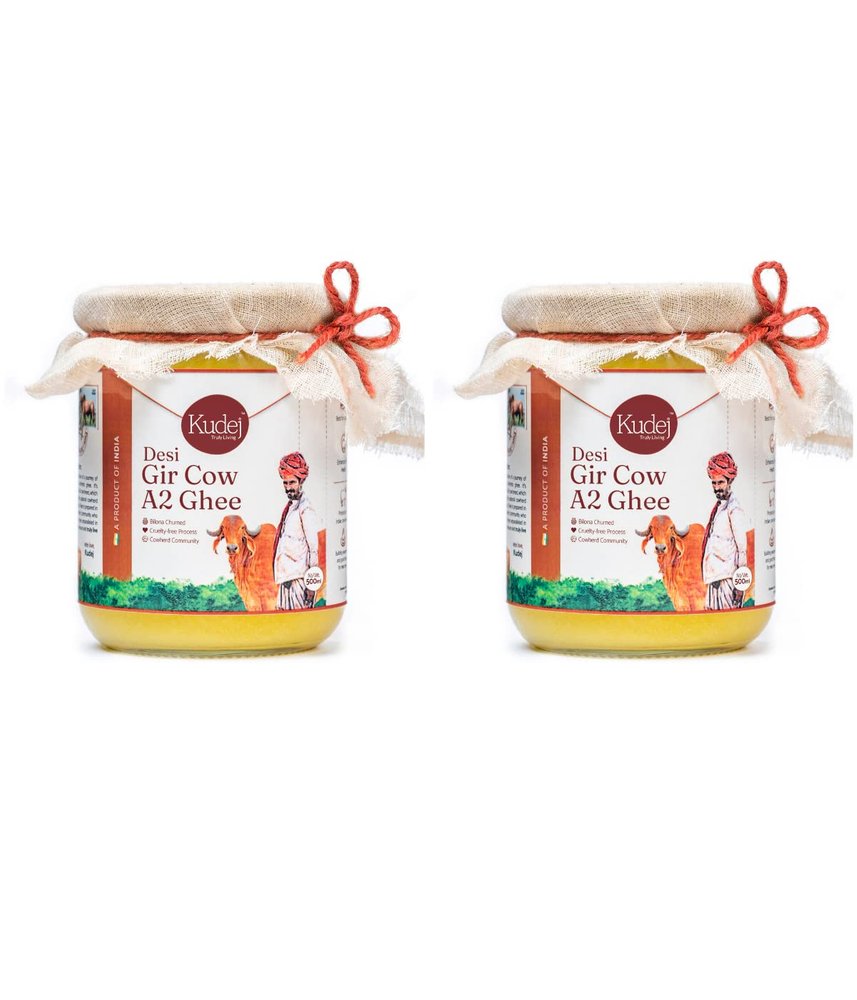 Kudej Premium A2 Desi Gir Cow Ghee, Pack of 2 (500ml*2)| Vedic Bilona Method, Free Grazing Cows| Immunity Booster from Gujarat| Lactose-Free| Eco-Friendly| Rich Flavor, Supports Pastoral Community