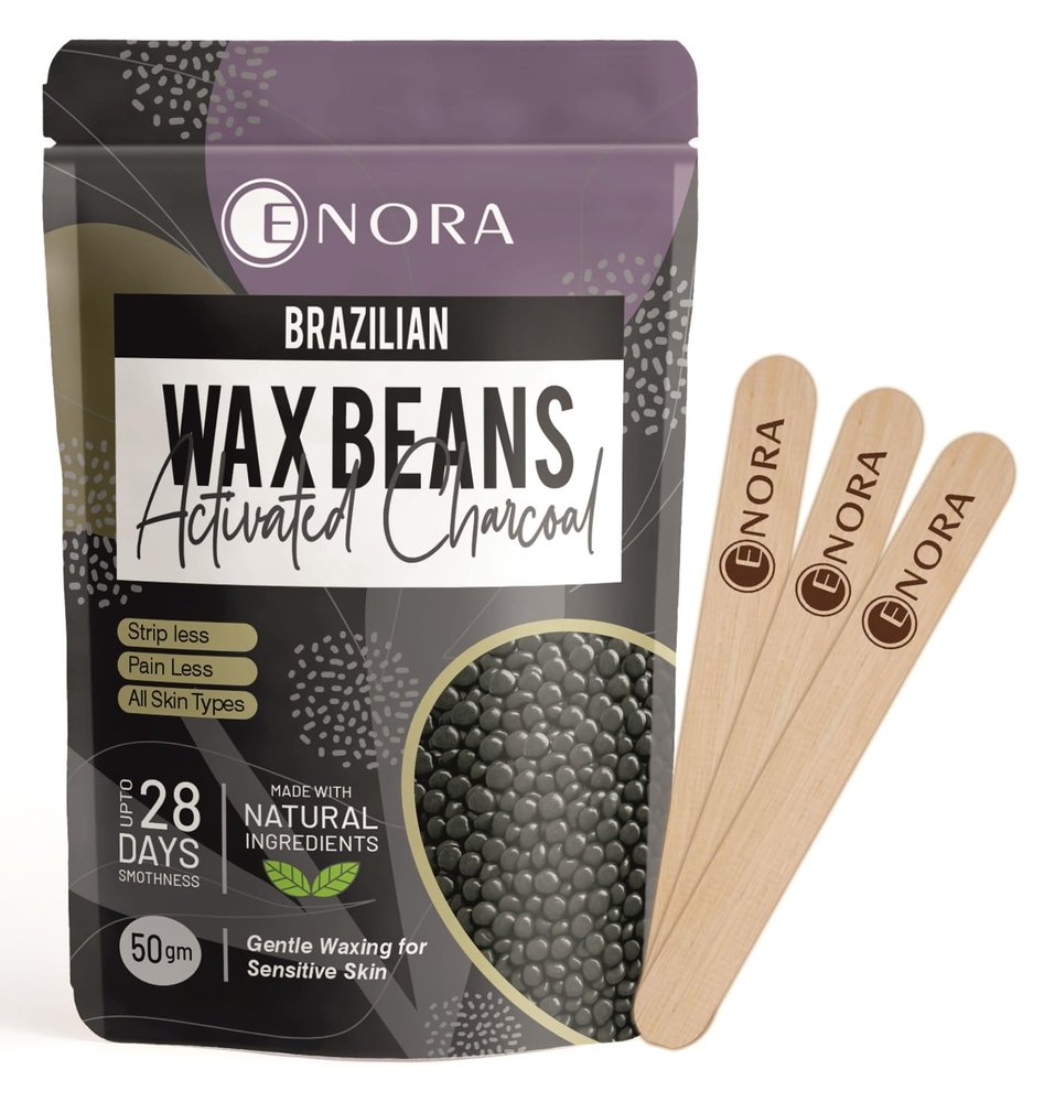 ENORA Brazilian Stripless Wax Beans for Women (50g) | With Wooden Spatula | Natural | For Face, Chin, Hairline, Bikini Area & Full Body Hair Removal (50 Gram, Activated Charcoal)