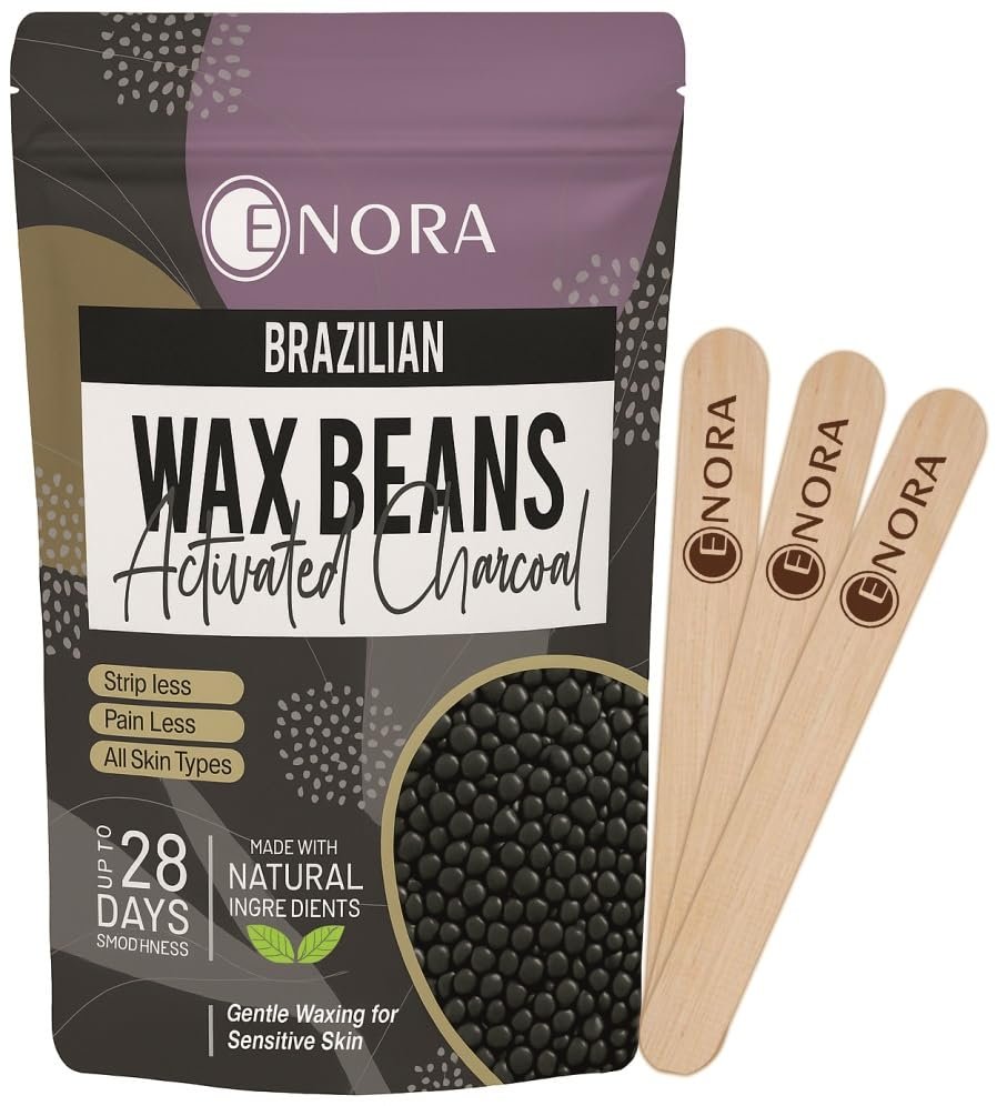 ENORA Brazilian Stripless Wax Beans for Women (150g) | With Wooden Spatula | Natural | For Face, Chin, Hairline, Bikini Area & Full Body Hair Removal (150 Gram, Activated Charcoal)