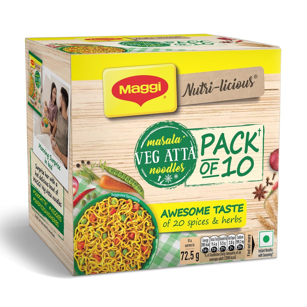 MAGGI Masala Veg Atta Noodles|100% Atta|Tasty 20 Spices & Herbs|Source of Fibre & Iron |725 Gm
