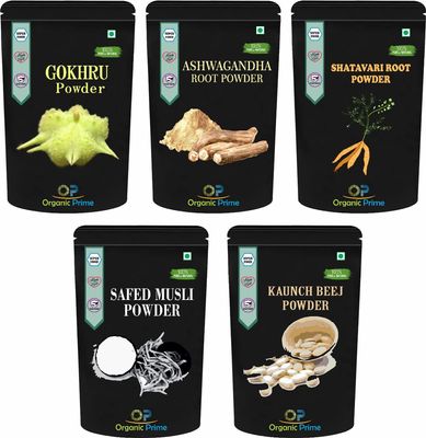 Organic Prime Pack Of 5 Gokhru, Safed Musli, Kaunch, Ashwagandha and Shatavari Powder (200 GM Each) Combo Pack = 1000 GM By Organic Prime
