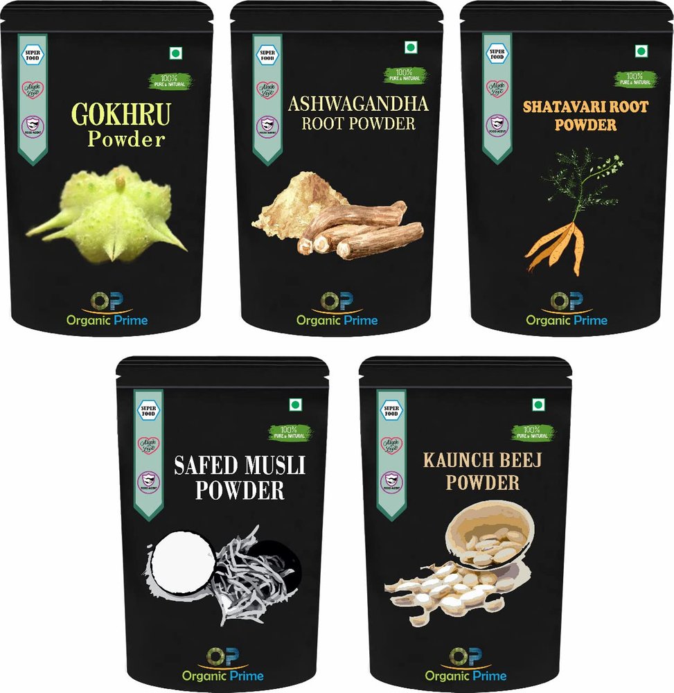 Organic Prime Pack Of 5 Gokhru, Safed Musli, Kaunch, Ashwagandha and Shatavari Powder (200 GM Each) Combo Pack = 1000 GM By Organic Prime