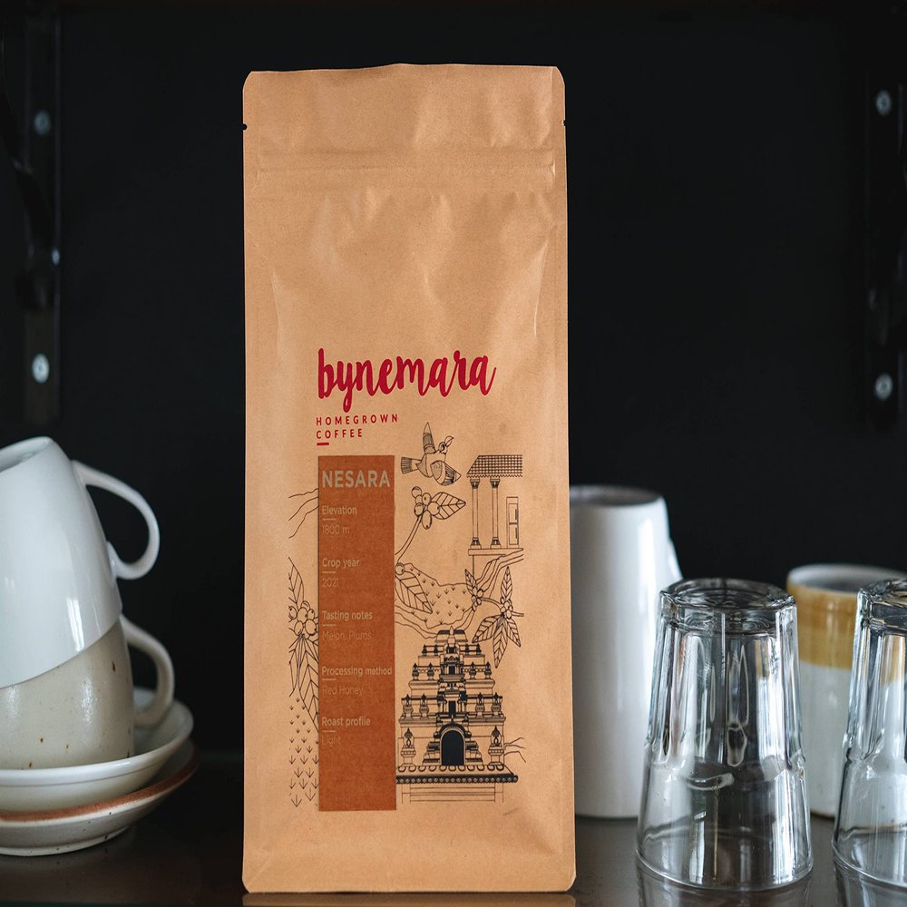 Bynemra Nesara | Single Estate Home Grown Coffee | Light Roast - Notes Melon & Plums | Speciality Red Honey Process | 250 g