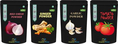 Organic Prime Pack Of 4 Tomato Powder, Red Onion Powder, Garlic Powder, Ginger Powder (200 GM Each) Combo Pack - 800 GM By Organic Prime