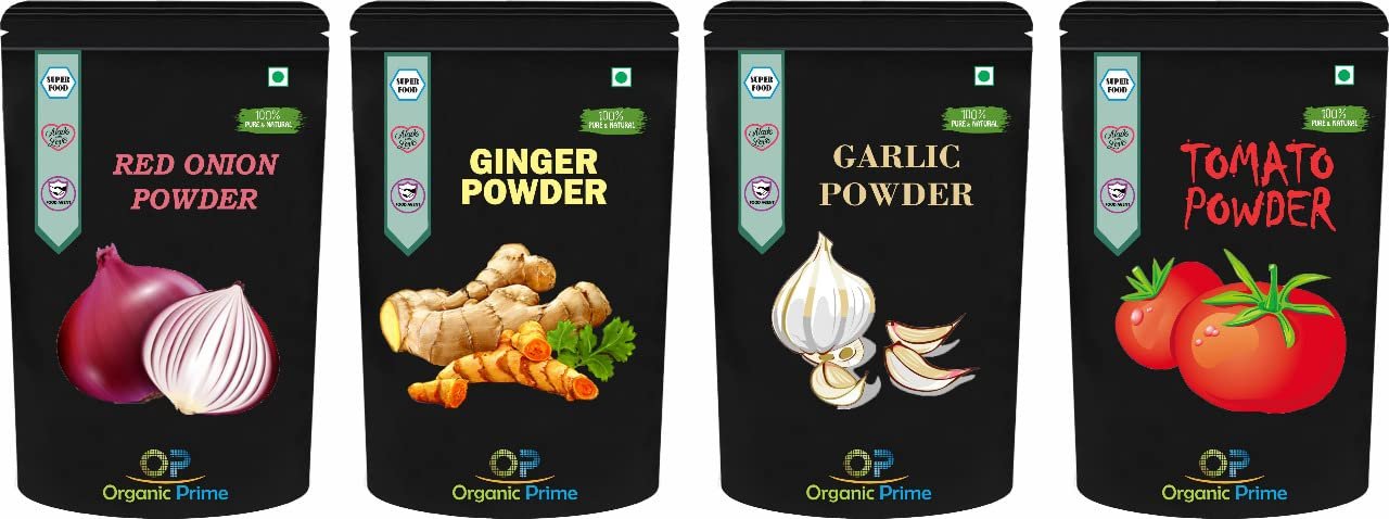 Organic Prime Pack Of 4 Tomato Powder, Red Onion Powder, Garlic Powder, Ginger Powder (200 GM Each) Combo Pack - 800 GM By Organic Prime